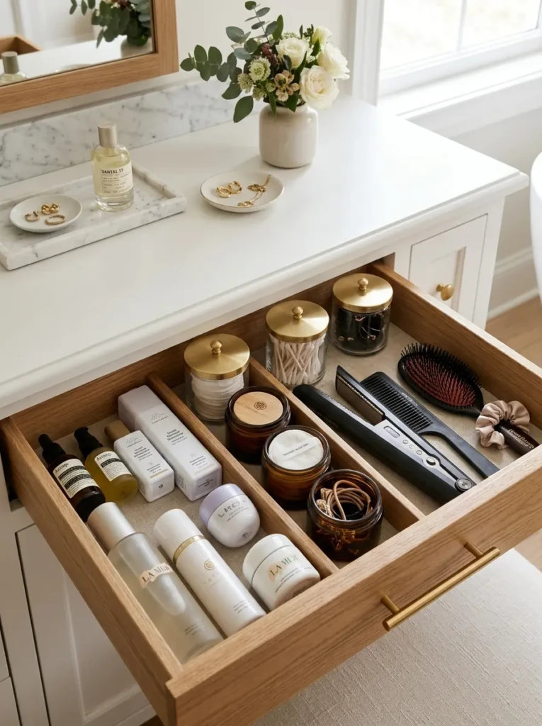 Bathroom drawer neatly storing skincare, hair tools, and glass jars in elegant compartments.