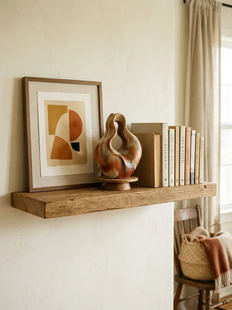 Styled decor with framed art, books, and statement pieces in a minimal open concept home.