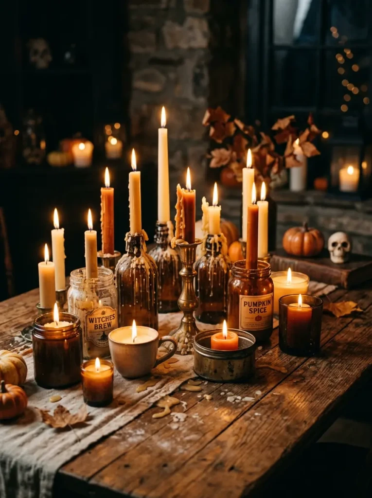 A cluster of candles with melted wax in mismatched holders on a wooden table, glowing warmly for a cozy Halloween look