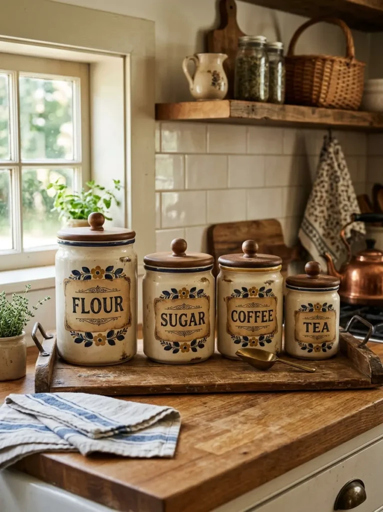 Retro-style kitchen canisters with labels placed on a wooden tray countertop.