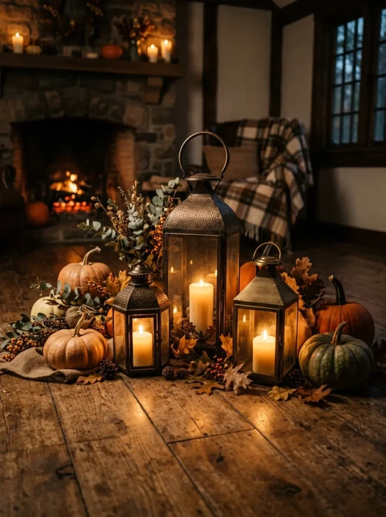 Decorative metal lanterns with glowing candles surrounded by pumpkins and greenery in a cozy autumn setting