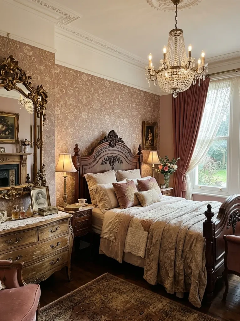 A vintage-style luxury bedroom with a carved wooden bed, antique mirror, crystal chandelier, floral wallpaper, and velvet curtains.