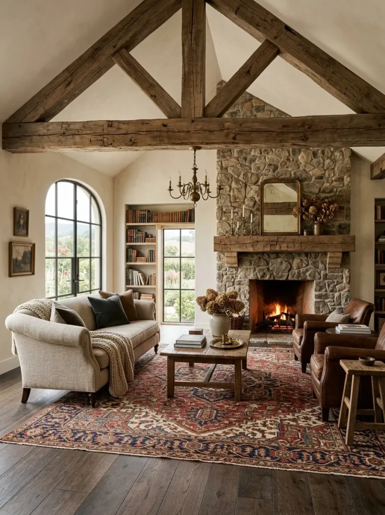 Elegant small kitchen featuring a vintage rug and reclaimed wood beam for a dramatic farmhouse statement.