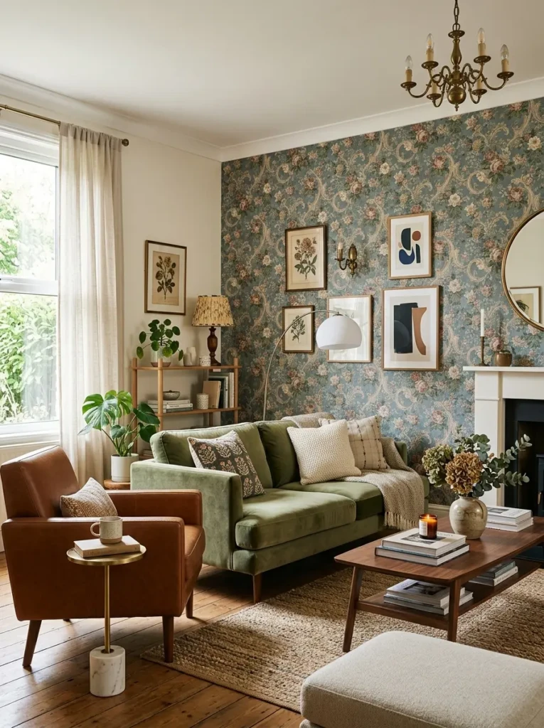 Bedroom mixing vintage wallpaper with modern furniture for a balanced look