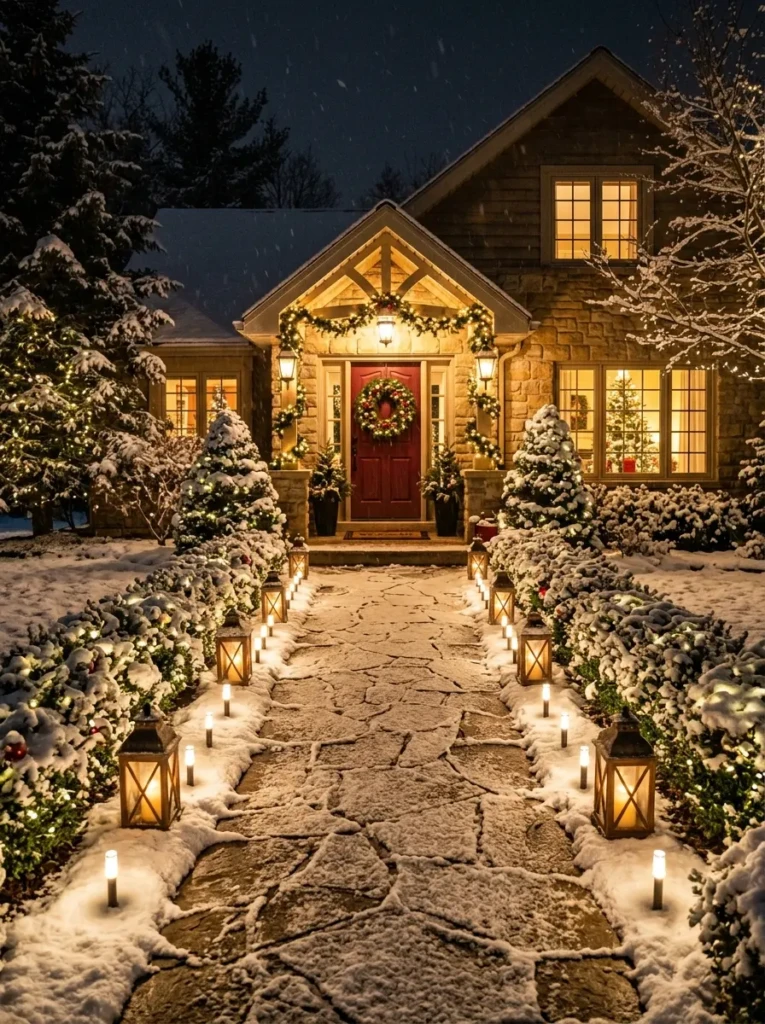 A softly lit walkway lined with outdoor Christmas lights and lanterns leading to a cozy front door