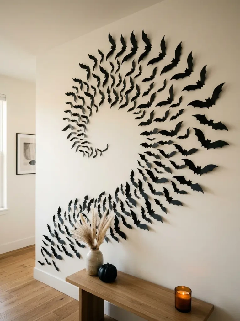 Black paper bats arranged in a swirling pattern on a wall, creating a simple yet dramatic Halloween decoration