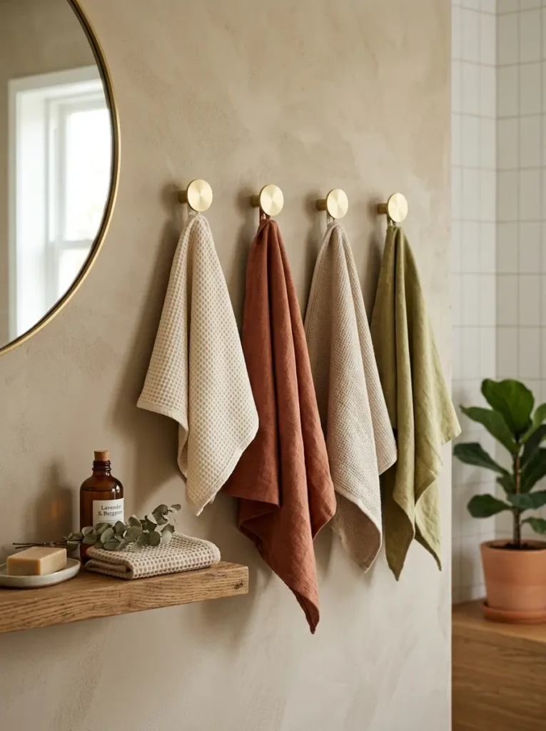 Neatly hung towels on wall hooks creating an organized and aesthetic appearance