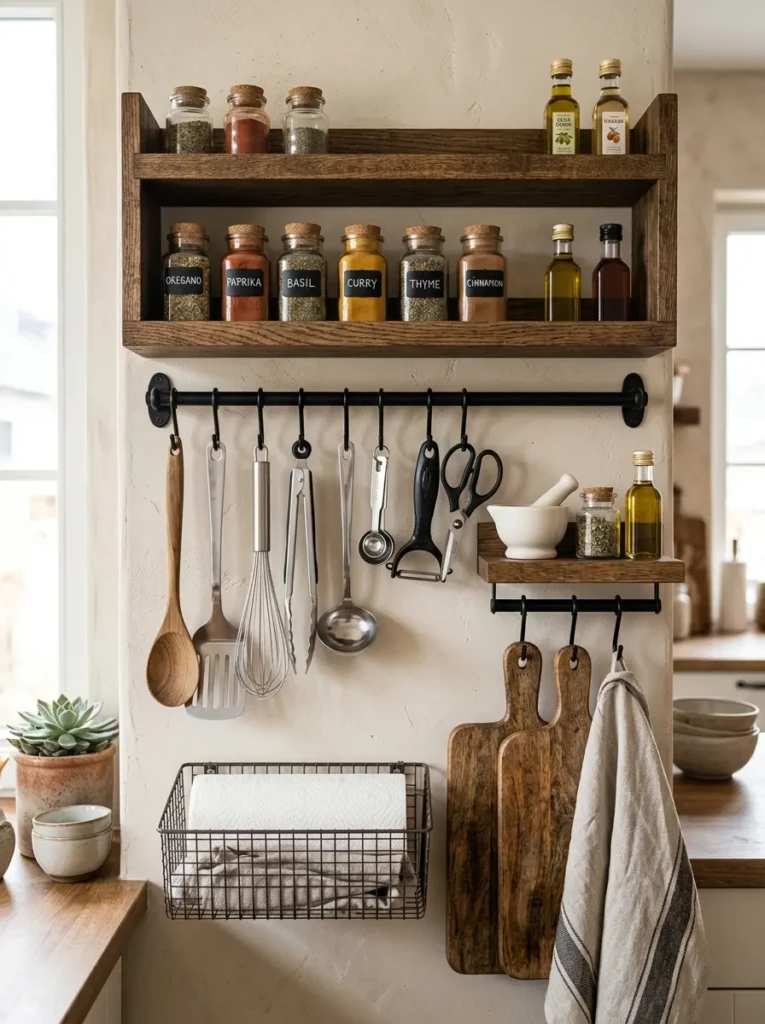 A close-up of hanging utensils, spice shelves, black hooks, and rustic wood storage in a compact farmhouse kitchen.