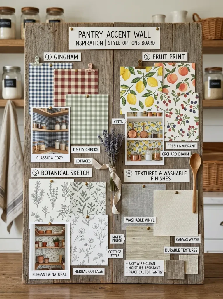 Gingham, fruit, and botanical wallpaper samples arranged as a kitchen accent wall inspiration board.