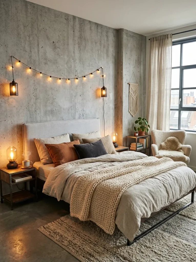 A bedroom combining concrete-look wallpaper with soft bedding and warm lighting for balance