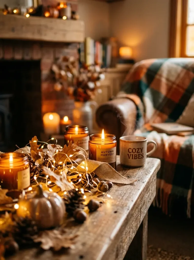 Close-up of warm lighting illuminating cozy autumn mantle styling