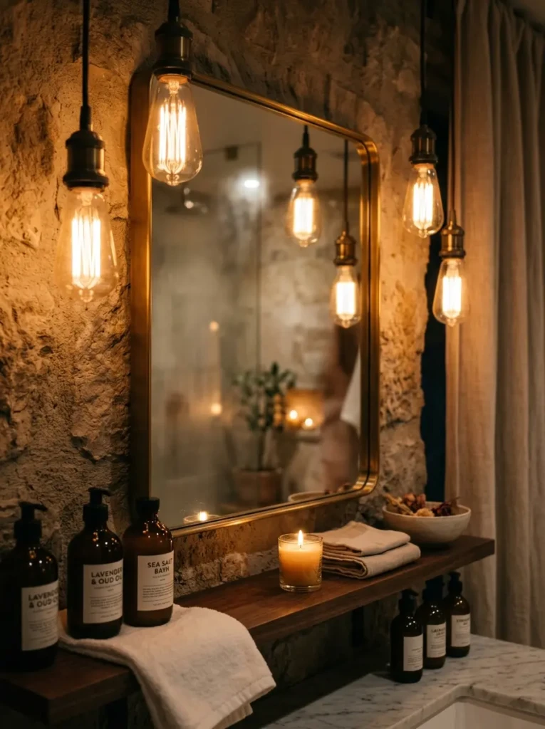 Close-up of warm lighting reflections and soft shadows in a neutral bathroom.