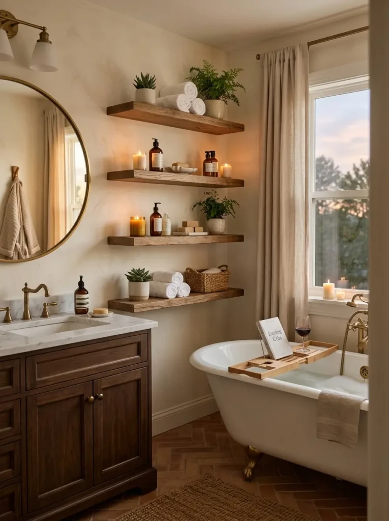 A cozy bathroom interior with timeless floating shelf decor and relaxing evening ambiance.