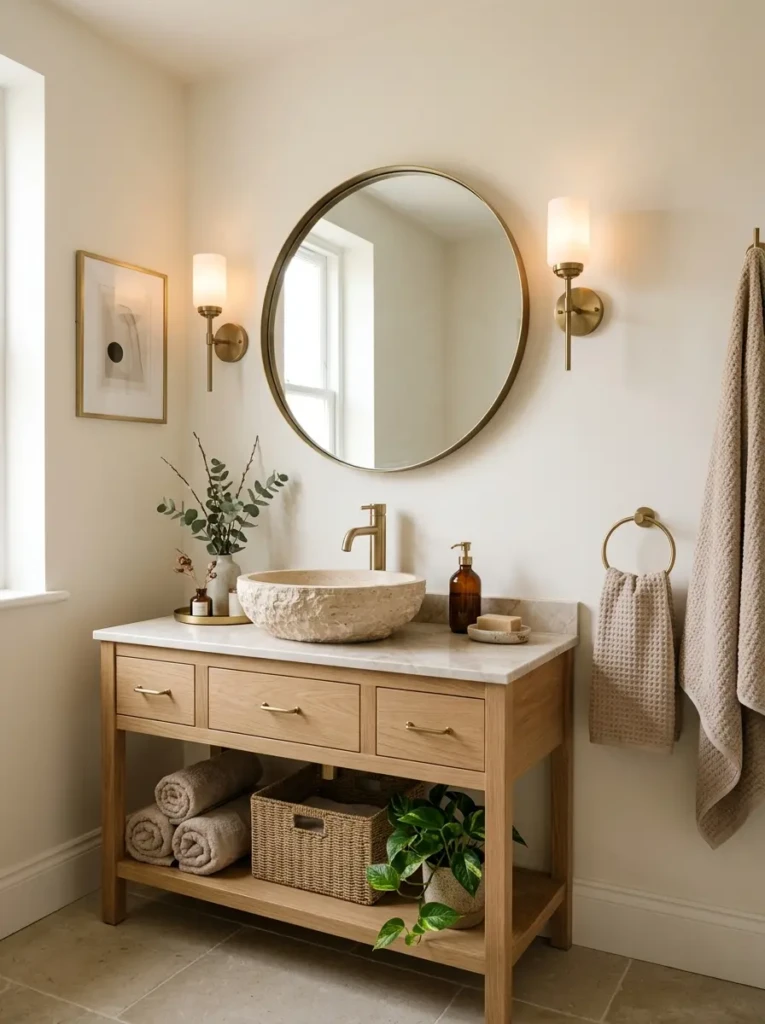 Satin warm white bathroom walls paired with brass fixtures, stone sink, beige towels, and elegant soft lighting.