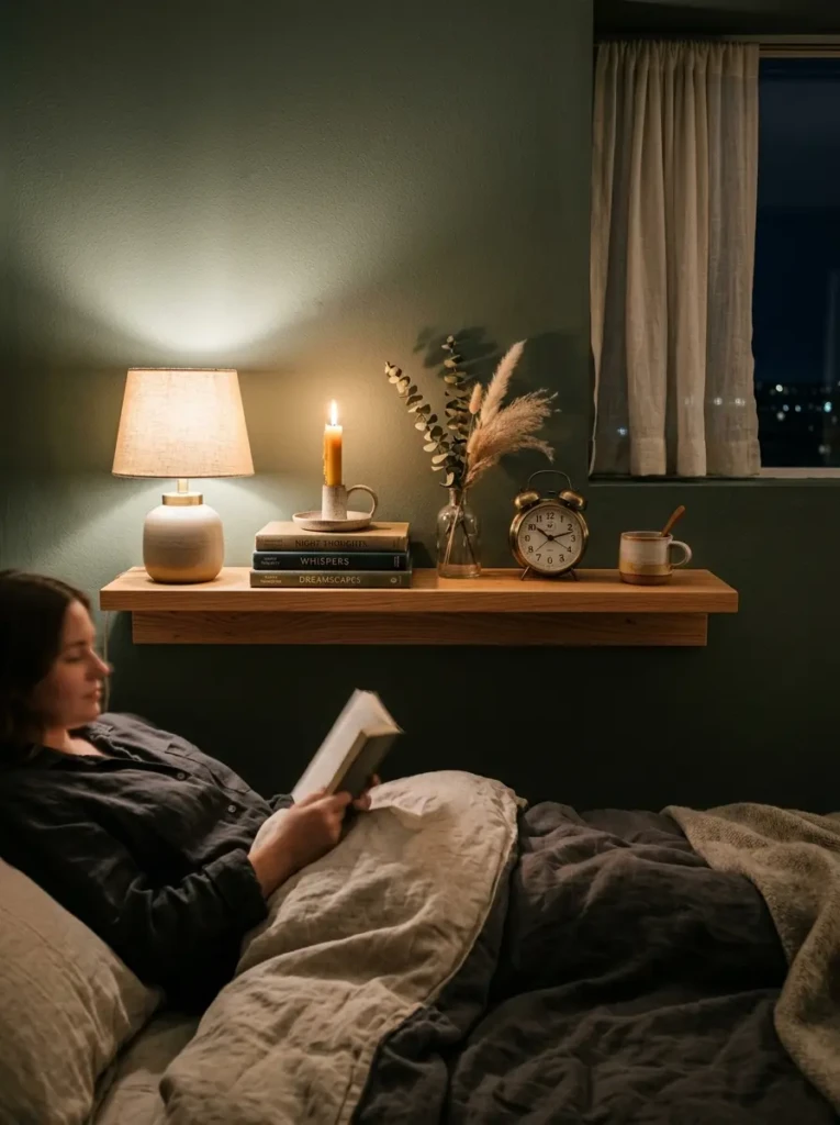 A warm wooden bedside floating shelf with elegant horizontal styling and soft nighttime ambiance.