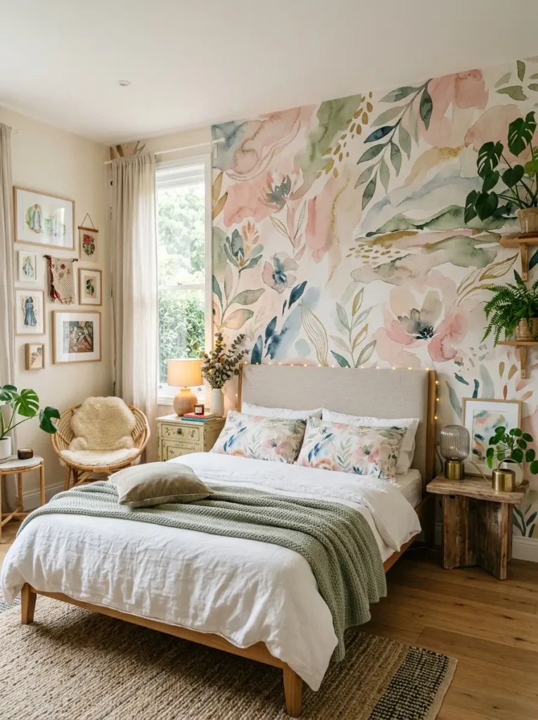 Soft watercolor wallpaper adding an artistic touch to a cozy bedroom