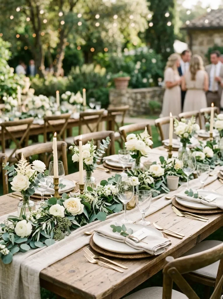 Ivory flowers with eucalyptus and linen textures on a softly lit wooden wedding table