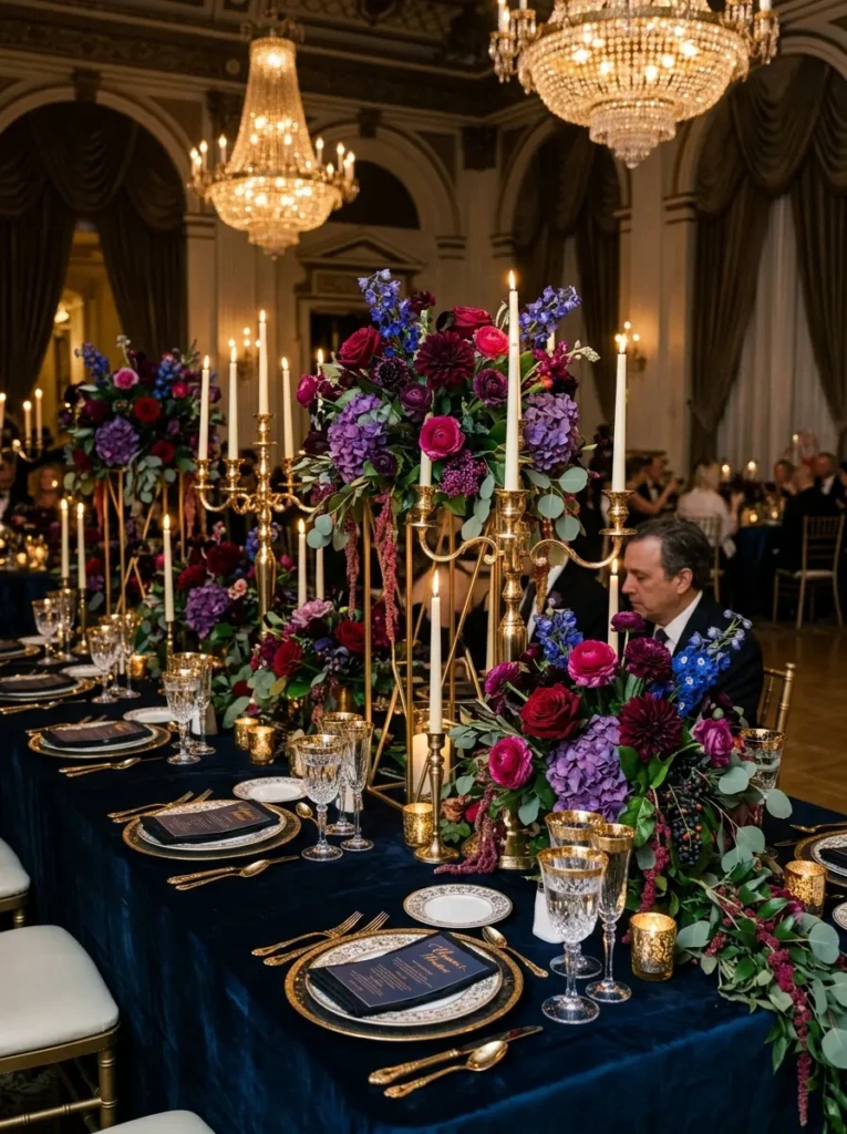 Elegant wedding table with jewel-toned florals and gold accents in a dramatic setting