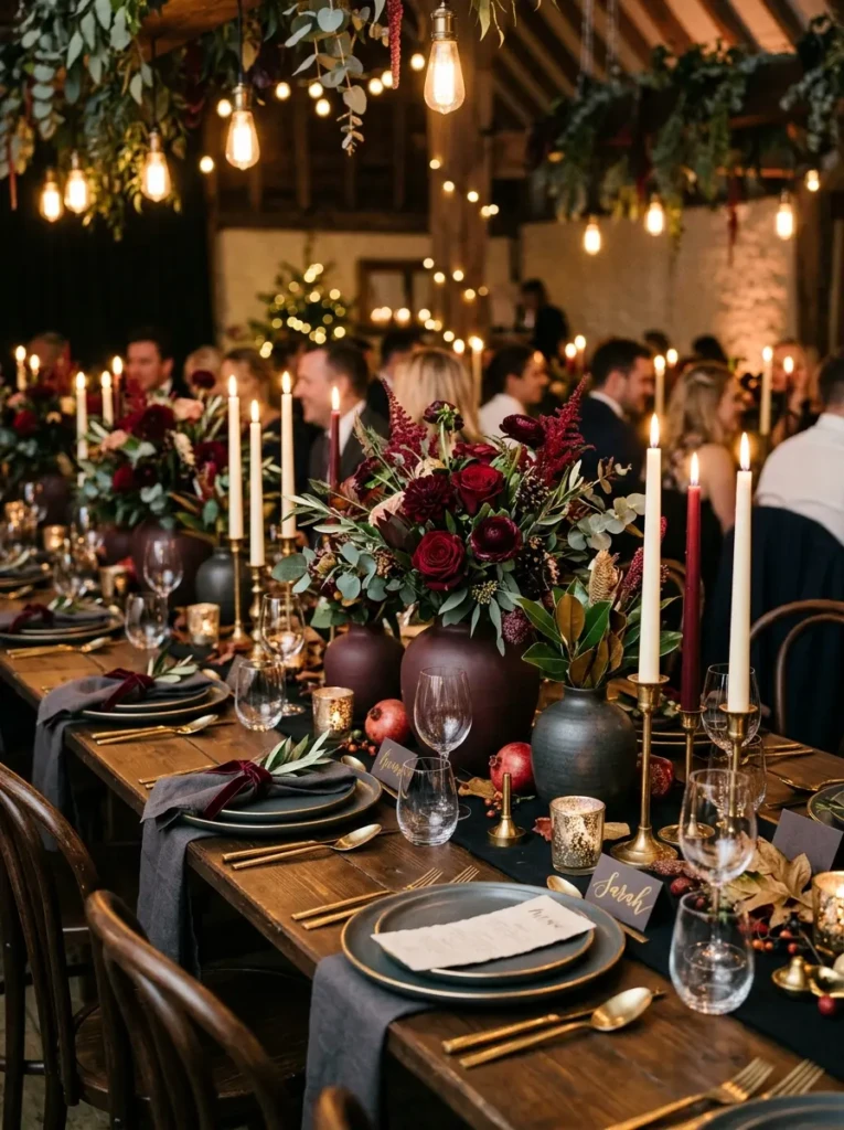 Wedding table featuring burgundy floral arrangements, gold accents, matte vases, and taper candles