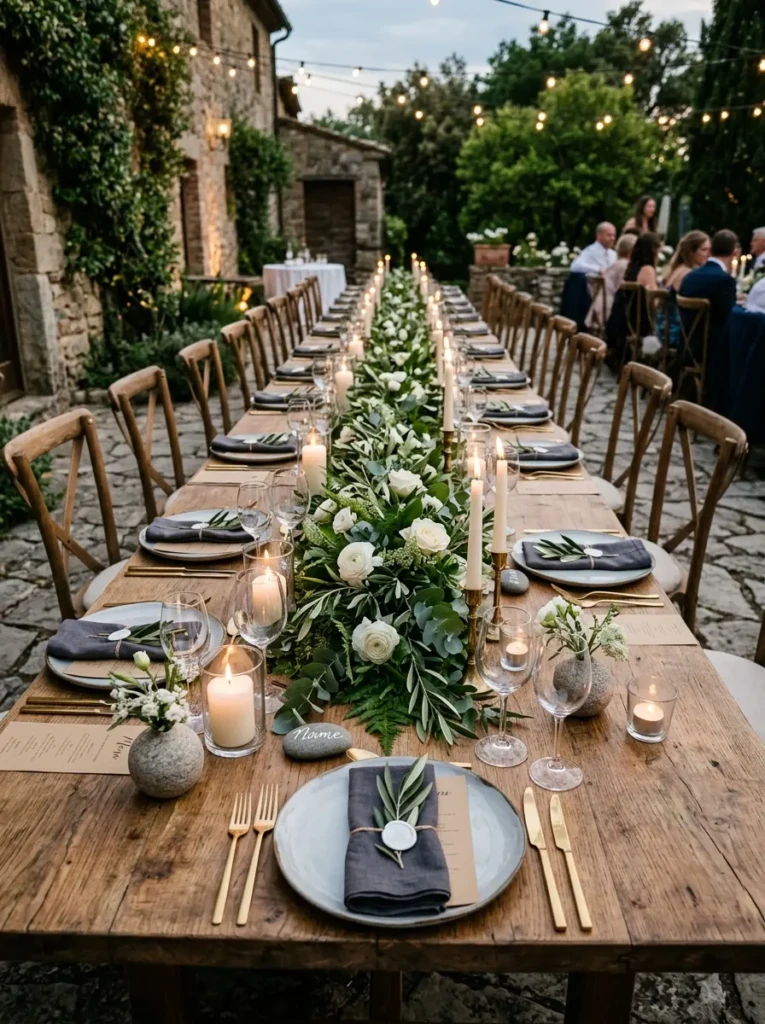 Wedding table styled with greenery, wood textures, and natural stone elements