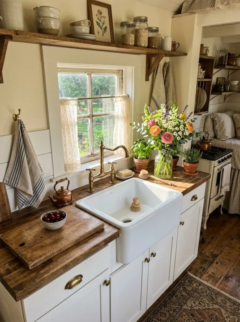 Compact white farmhouse sink with brass faucet in a bright cozy kitchen.