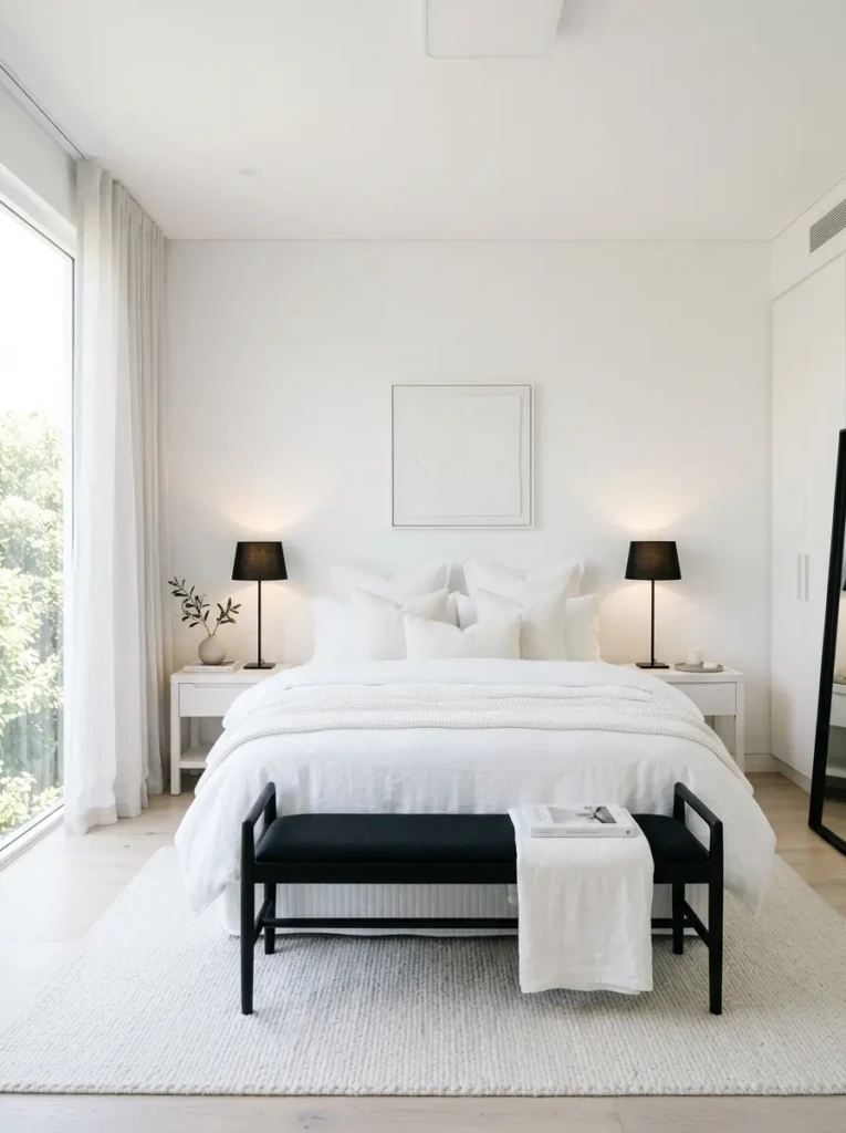 Bright white bedroom enhanced with subtle black lamps and bench accents.