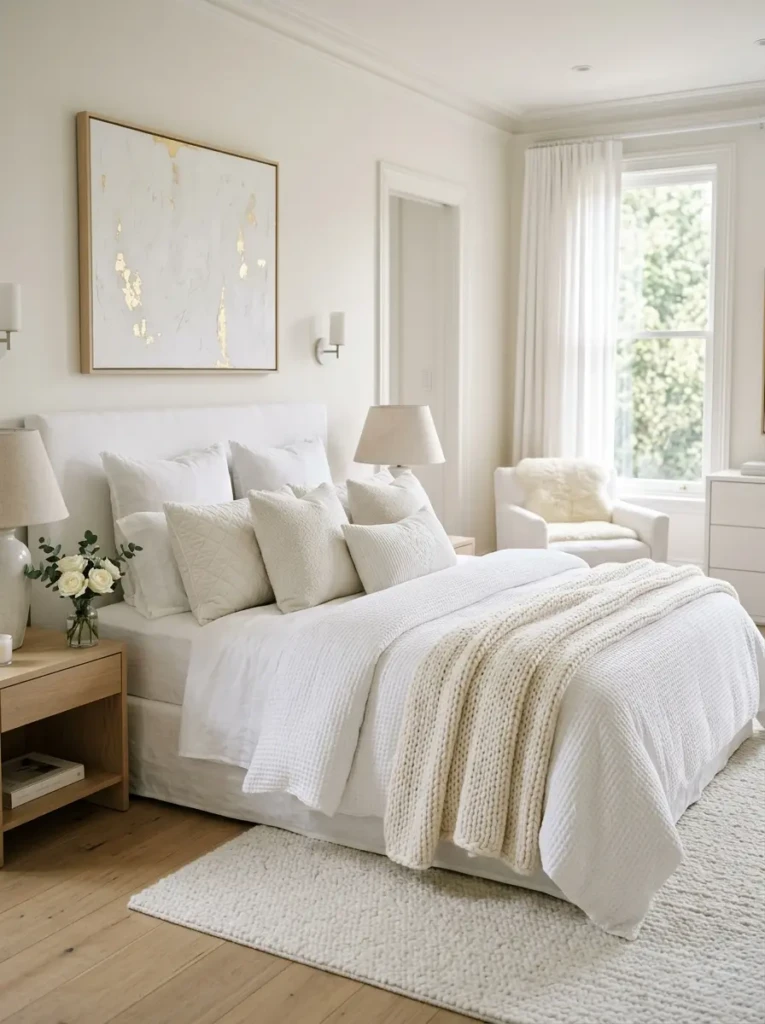 Elegant white bed with layered linen bedding, textured duvet, knit throw, and plush pillows.