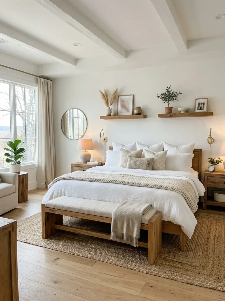 Stylish white bedroom with oak bedside tables, floating shelves, and warm natural wood accents.