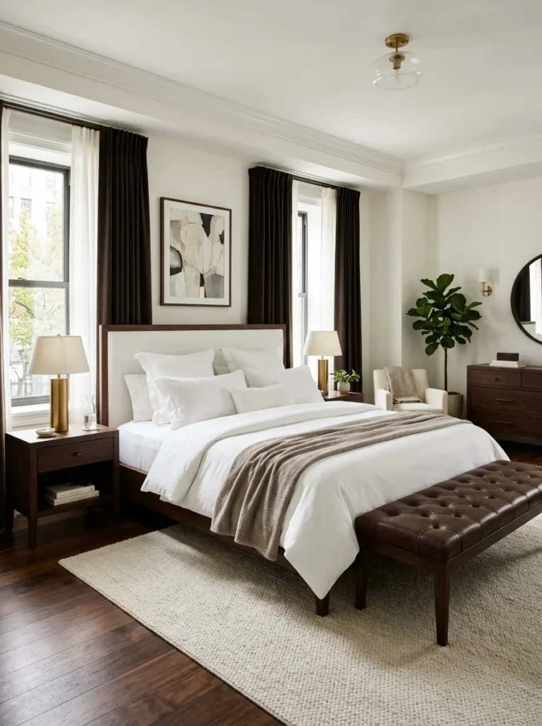 Sophisticated white bedroom with chocolate brown bench, dark curtains, and rich wooden flooring.