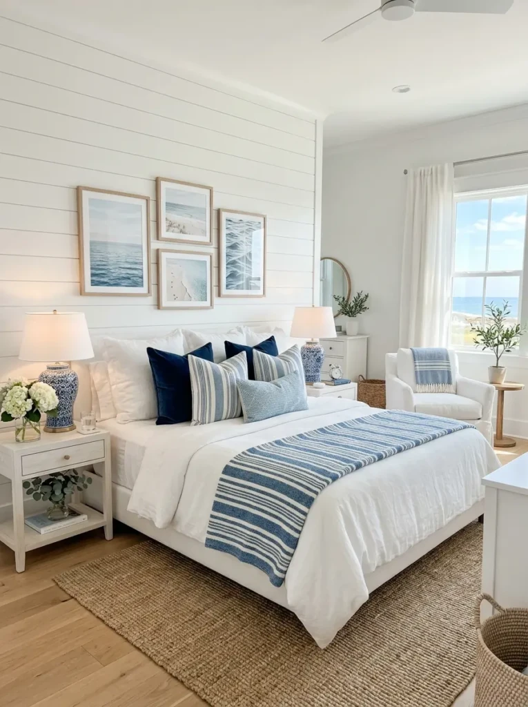 Bright white bedroom decorated with blue pillows, striped throw, and coastal wall art.