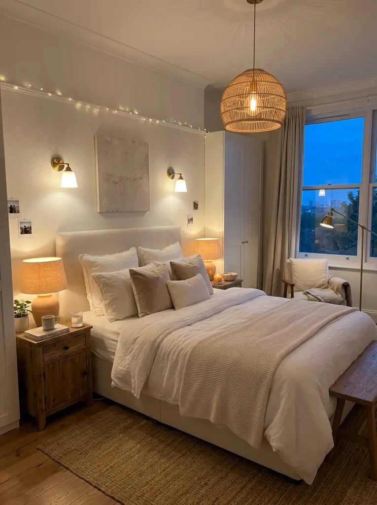 White bedroom glowing with bedside lamps, pendant lights, and soft relaxing evening ambiance.