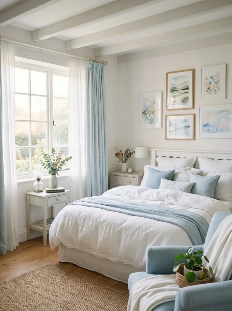 Peaceful white bedroom with pastel blue cushions, soft curtains, and watercolor artwork.
