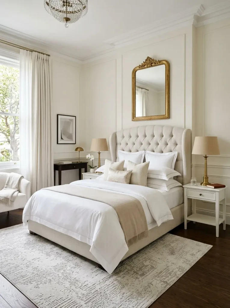 Refined white bedroom featuring a tall tufted headboard and elegant layered pillows.