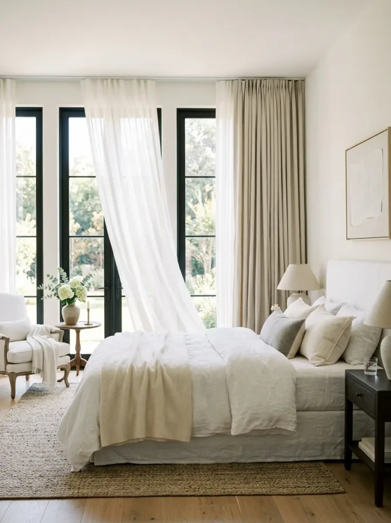 White bedroom with sheer linen curtains, tall windows, and soft natural daylight.