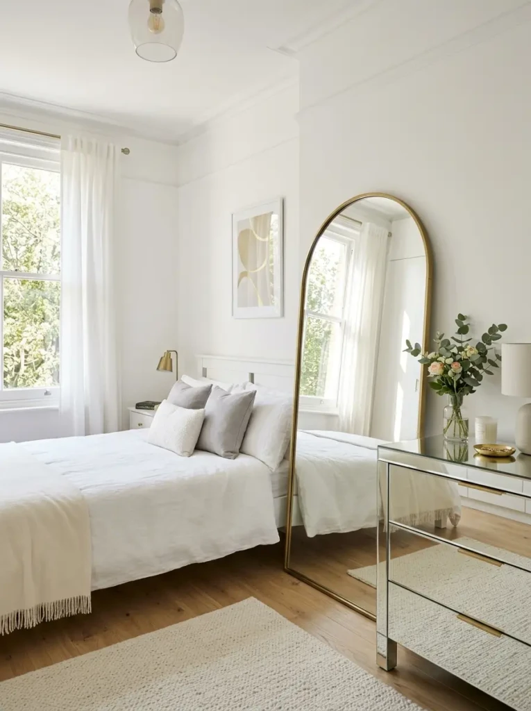 Small white bedroom with standing mirror reflecting sunlight to create a spacious look.