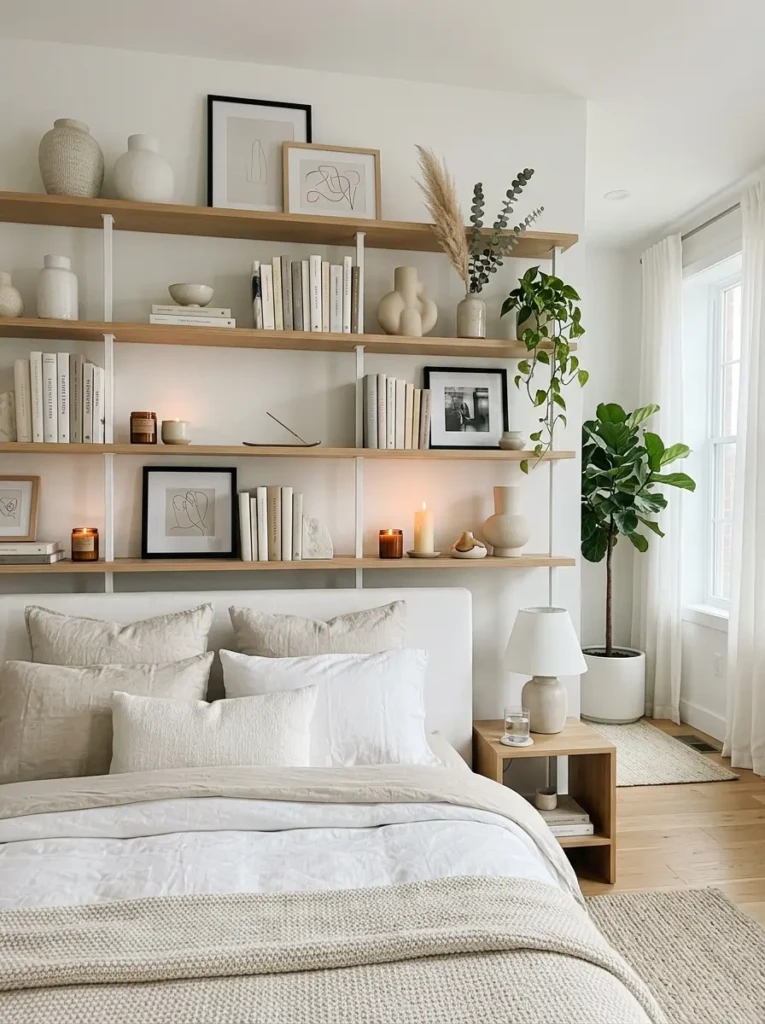 Modern white bedroom with shelves styled using candles, books, vases, and framed art.