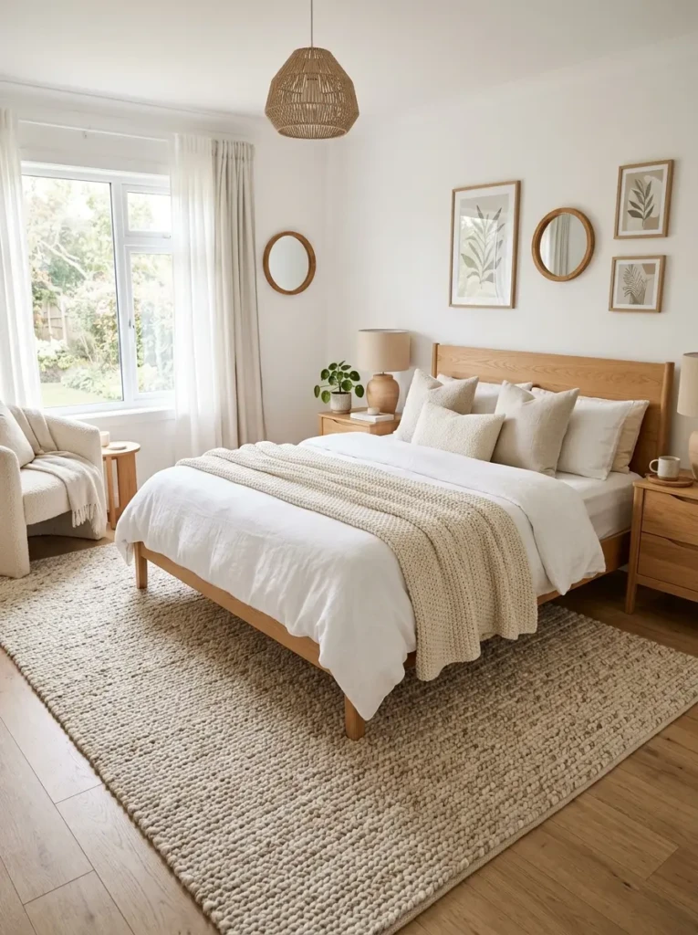 White bedroom with light oak flooring and a large textured rug beneath the bed.