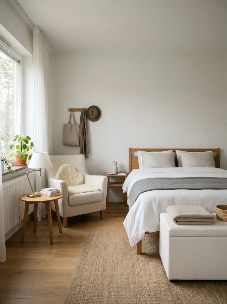 White bedroom with reading chair, storage bench, elegant lamp, and minimal practical styling.