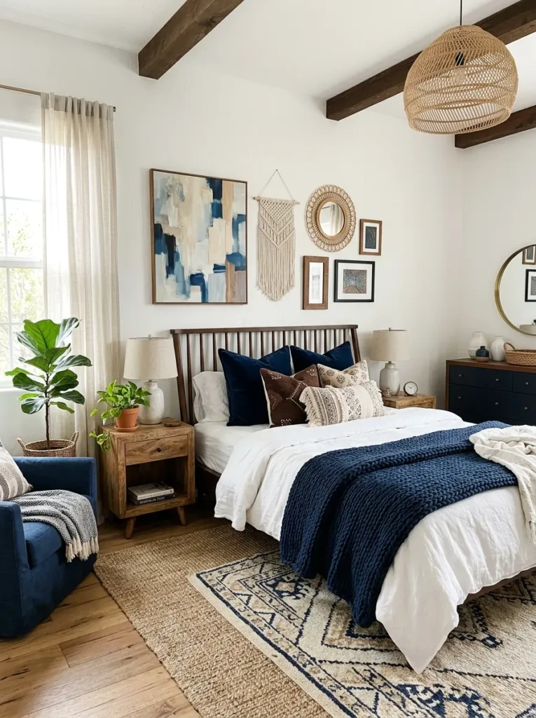 Beautiful white bedroom combining navy, chocolate, wood, and bohemian decorative accents.