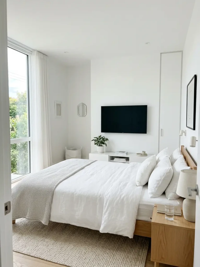 A clean white bedroom with a mounted TV and minimal decor creating a calm atmosphere