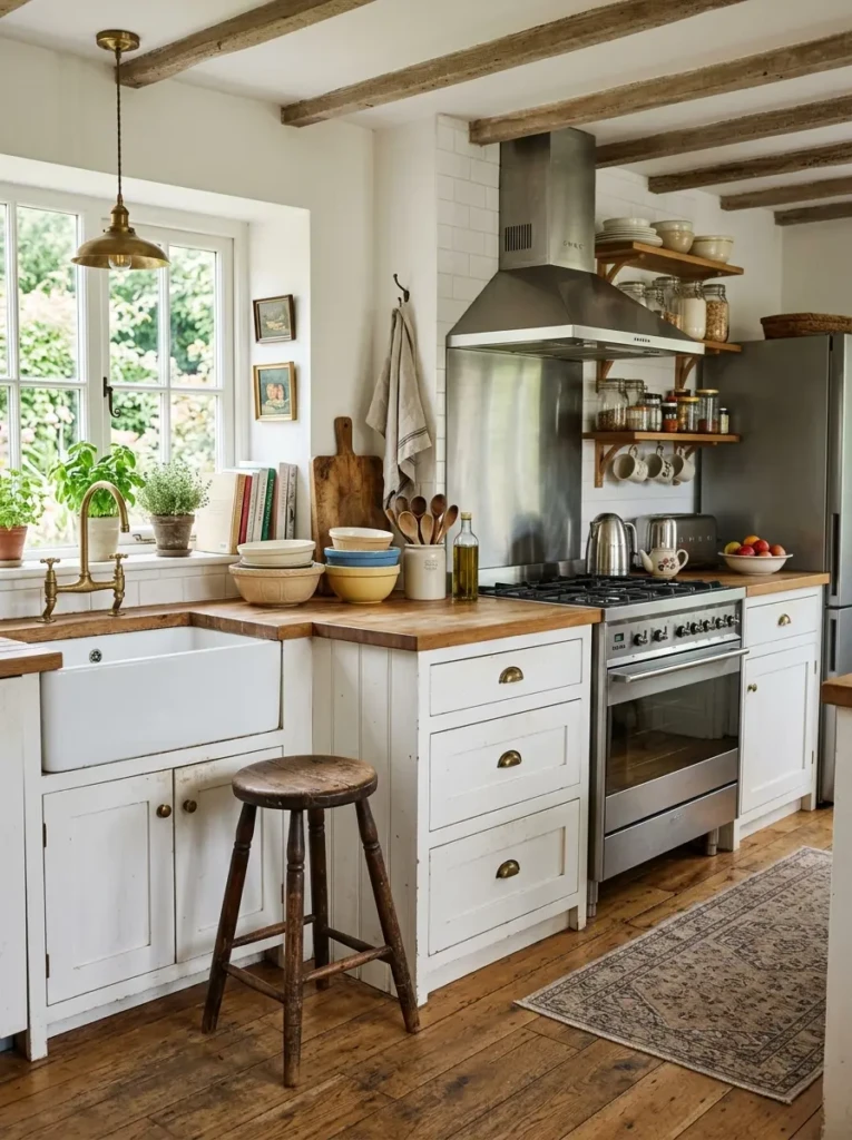 A small white farmhouse kitchen mixing antique wooden stools, retro bowls, and modern stainless appliances.