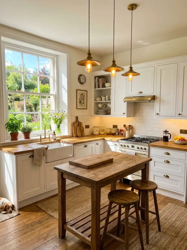 A sunlit small white farmhouse kitchen with pendant lights, under-cabinet lighting, and glowing white surfaces.