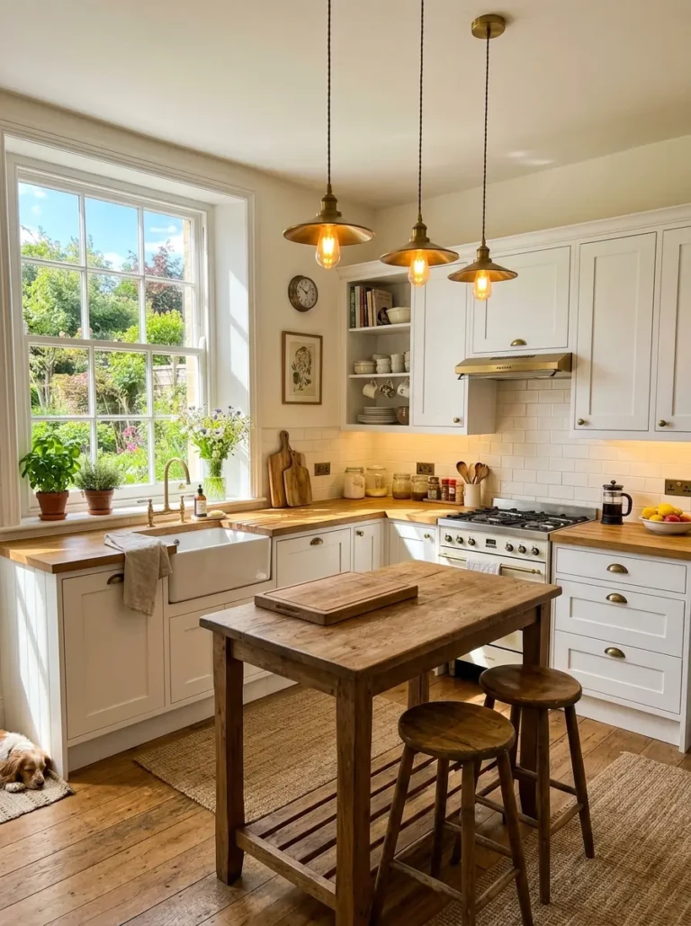A sunlit small white farmhouse kitchen with pendant lights, under-cabinet lighting, and glowing white surfaces.