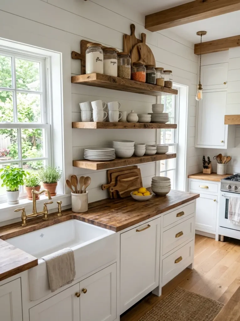 Open wooden shelves displaying white plates, glass jars, and rustic serving boards in a bright farmhouse kitchen.