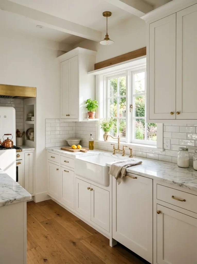 A small white farmhouse kitchen featuring white cabinets, white backsplash, white walls, and a bright clean minimalist farmhouse design