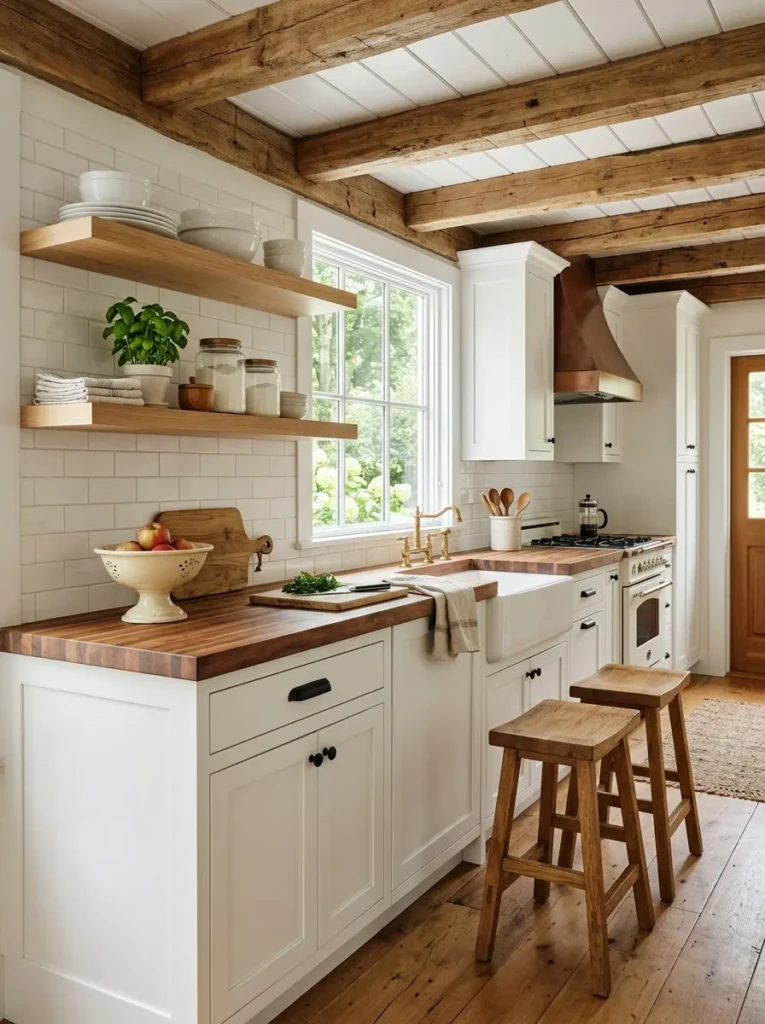A small white farmhouse kitchen with wooden shelves, butcher block counters, oak stools, and warm rustic wood details.