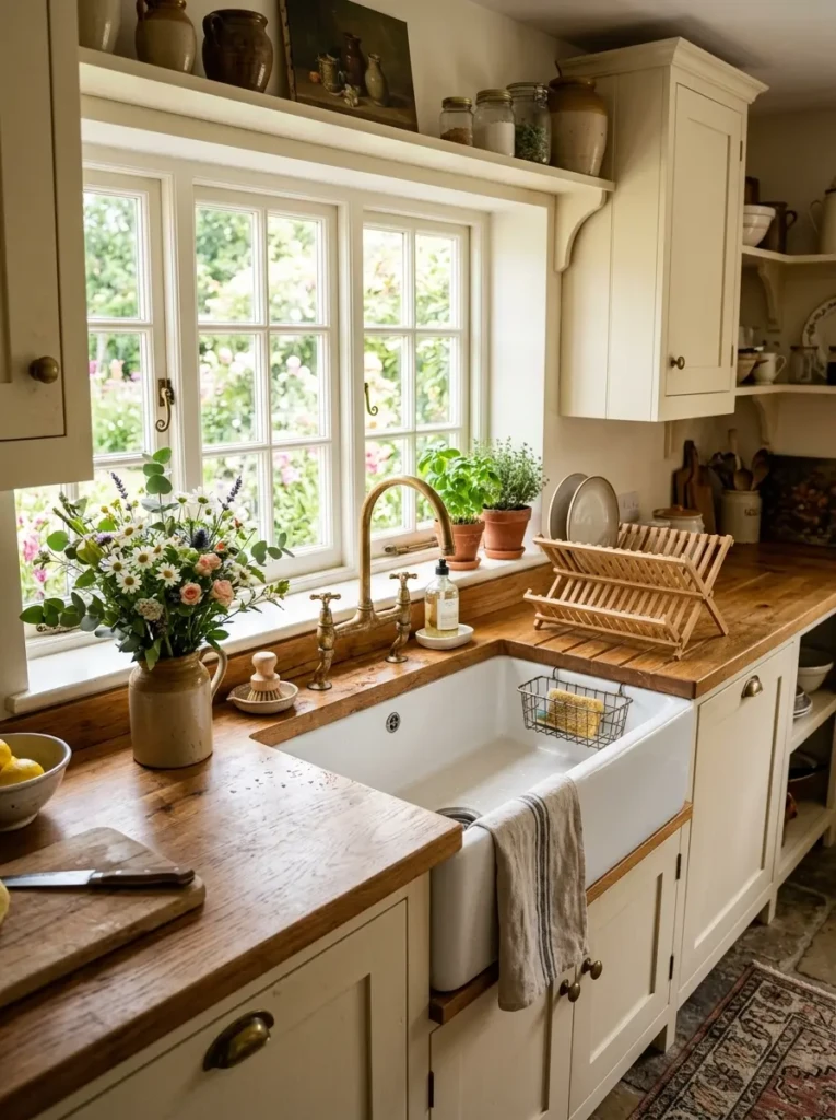 A compact white apron-front sink with brass faucet in a small farmhouse kitchen filled with sunlight and flowers.