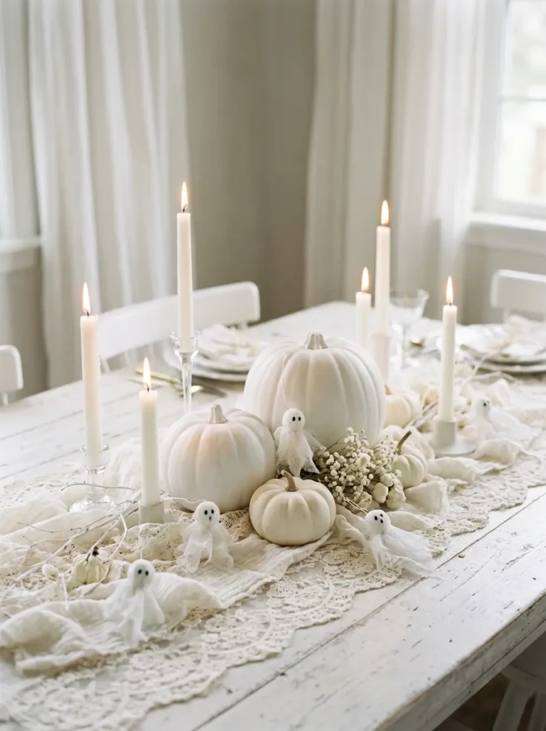 An all-white Halloween table featuring white pumpkins, candles, and soft textures for a dreamy elegant look