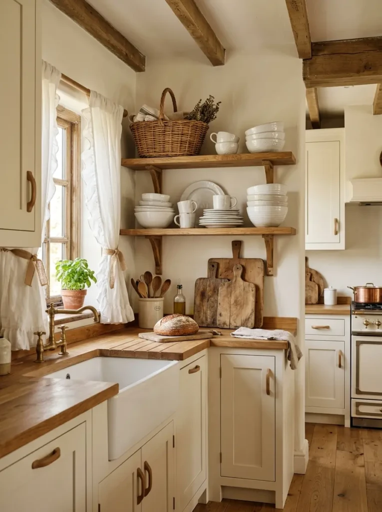 White kitchen decor including ceramic dishes, woven baskets, white linens, and wooden accents styled in a small farmhouse kitchen.