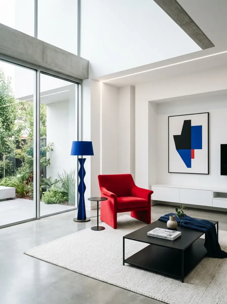A white minimalist living room with a cherry-red chair, cobalt lamp, sleek black table, and bold contrast accents.
